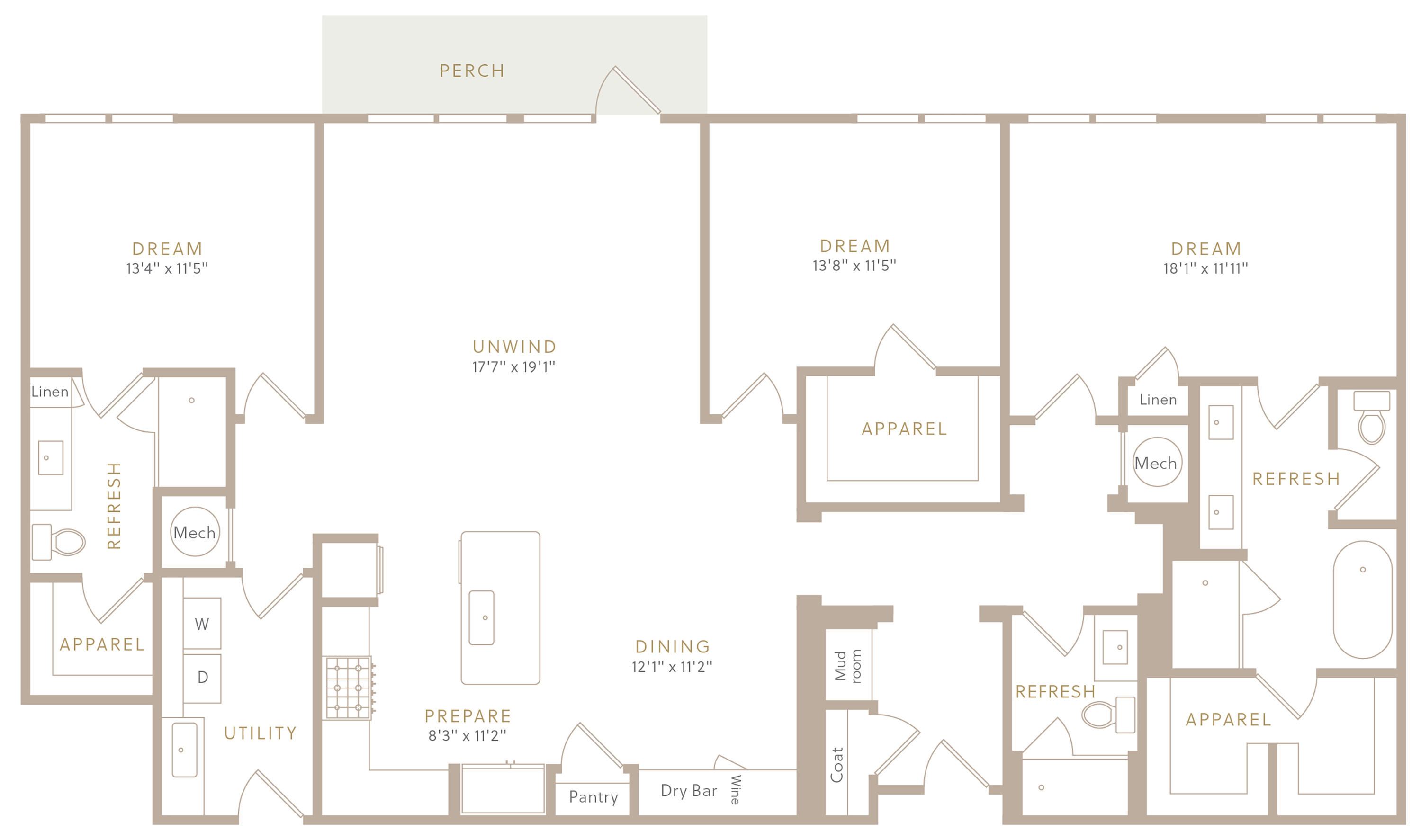 Floor plan for 3 beds, 3 baths, 2124 sqft